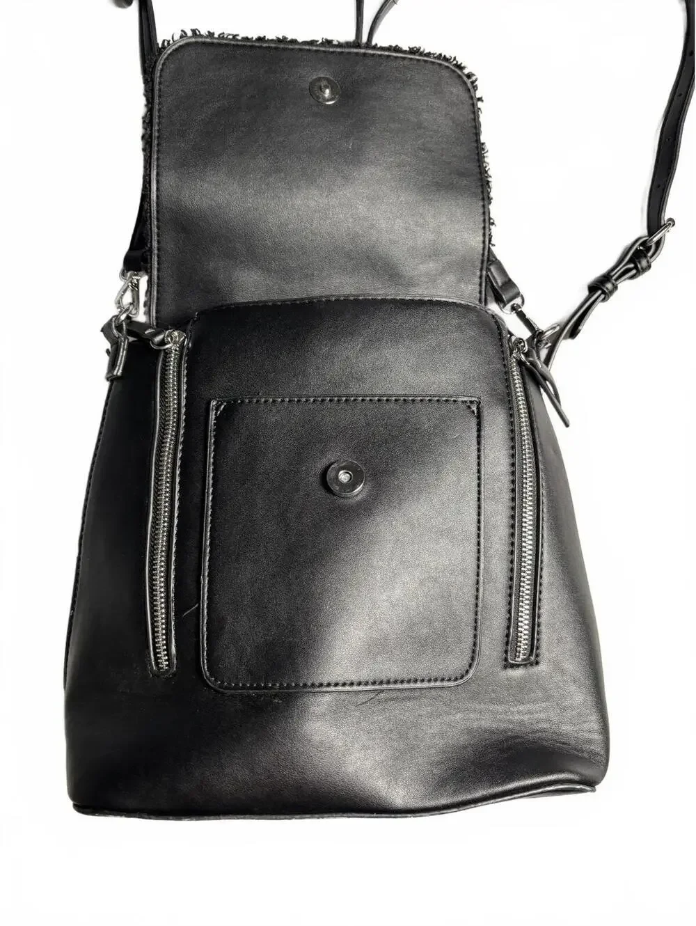 Black Faux Leather Backpack with Shearling Flap and Multiple
